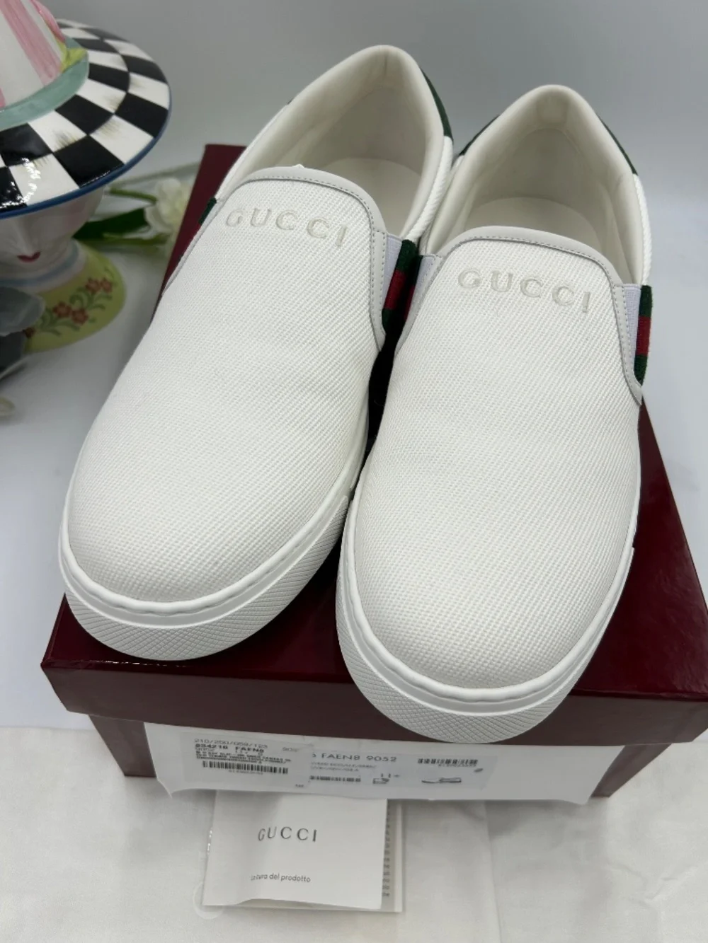 Men’s Gucci Ace White Slip-On Sneakers.  11.5/fits 12.5 US. Made in Italy.